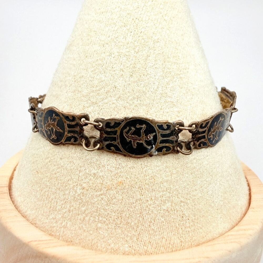 Vintage Siam Sterling Silver Niello Bracelet Mekkala Dancing Goddess Black 7"